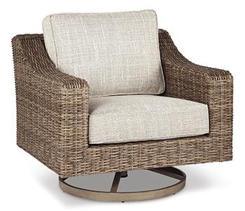 Ashley Furniture Beachcroft outdoor swivel lounge chair with cushion, featuring a stylish design perfect for outdoor relaxation.