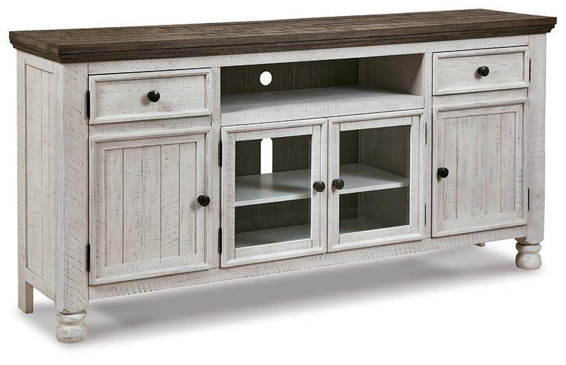 Ashley Furniture Havalance TV Stand showing a modern wood design with open shelving and storage compartments.