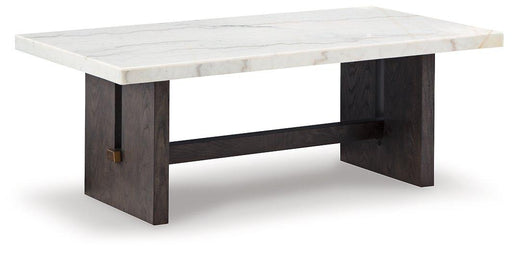 Ashley Furniture Burkhaus Coffee Table, modern cocktail table with a sleek wooden surface and sturdy legs, ideal for living room decor.
