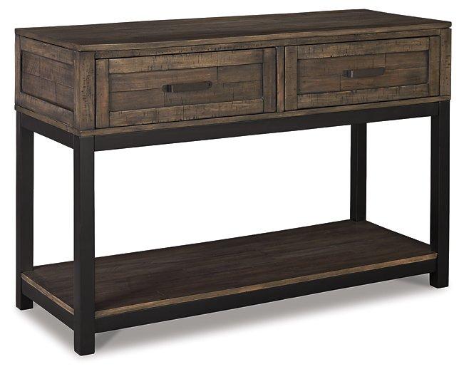 Ashley Furniture Johurst sofa table with a sleek wooden finish, featuring a spacious tabletop and stylish design for living room decor.