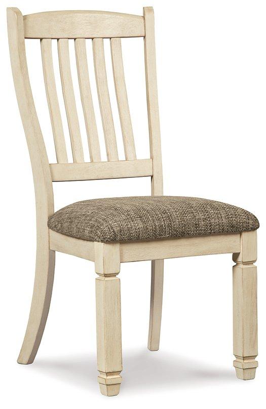 Ashley Furniture Bolanburg dining chair with upholstered seat and wooden legs, shown in a modern dining room setting.