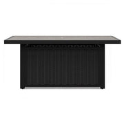 Ashley Furniture Beachcroft outdoor fire pit table with a stone-style top and metal base, perfect for outdoor gatherings.