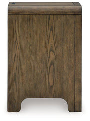 Ashley Furniture Jensworth accent table with a sleek wooden top and metal legs, ideal for living room decor.