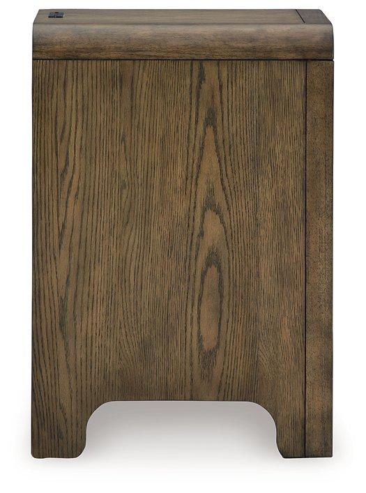 Ashley Furniture Jensworth accent table with a sleek wooden top and metal legs, ideal for living room decor.