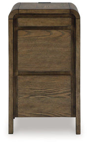 Ashley Furniture Jensworth accent table with a wooden top and metal legs, ideal for living room or bedroom decor.