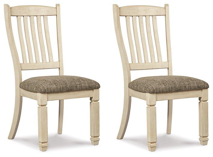 Ashley Furniture Bolanburg dining chair with upholstered seat and wooden legs, shown from a side view.