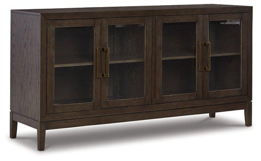 Ashley Furniture Burkhaus dining server with storage drawers and glass doors, showcasing a sleek wooden finish and elegant design.