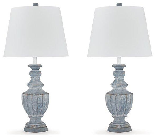 Ashley Furniture Cylerick table lamp set featuring two stylish lamps with fabric shades and modern bases for living room decor.