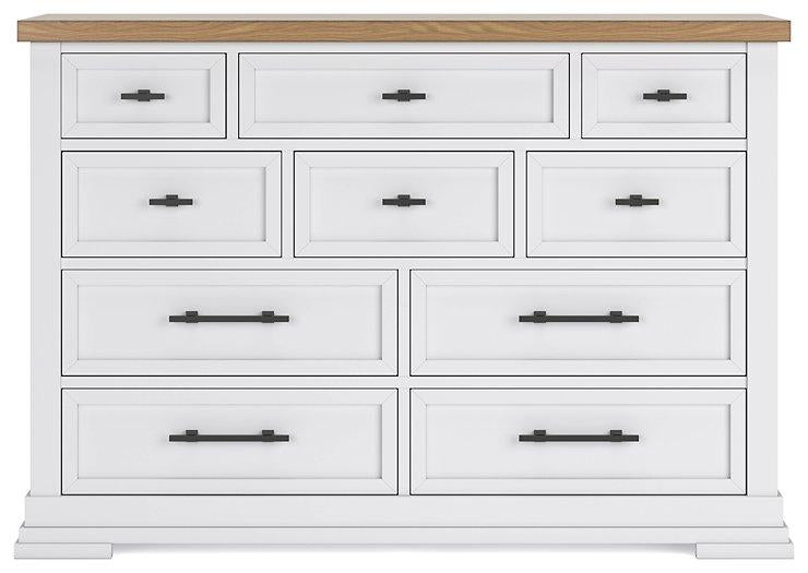Ashbryn dresser by Ashley Furniture shown in a modern bedroom setting with multiple drawers and a sleek wood finish.