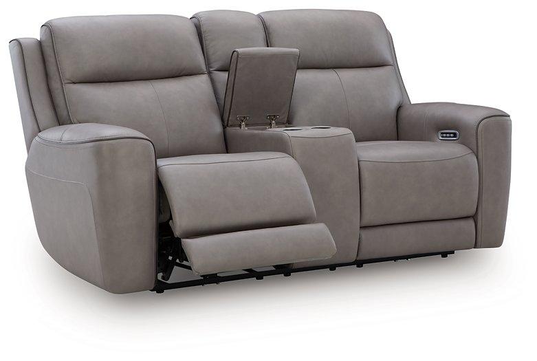 Ashley Furniture 5Z-Comfort power reclining loveseat with console, featuring plush upholstery and built-in cup holders.