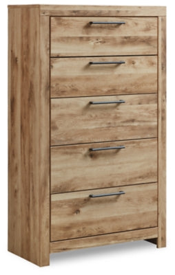 Ashley Furniture Hyanna chest of drawers with a dark wood finish, shown from an angled side view.