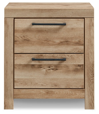 Ashley Furniture Hyanna nightstand with a dark wood finish and sleek modern design, featuring a top drawer and open storage shelf.