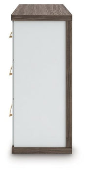 Ashley Furniture Kendanport Dresser with multiple drawers and a dark wood finish, shown from a side angle.