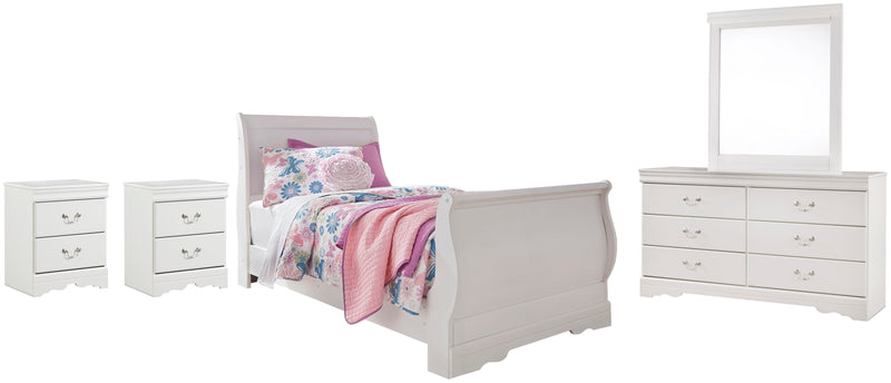 Ashley Furniture Anarasia bedroom set with a bed, nightstands, and dresser in a spacious, stylish bedroom scene.