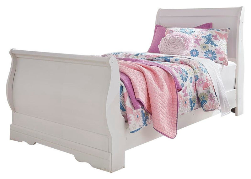 Ashley Furniture Anarasia Bedroom Set including a bed frame, nightstands, and dresser in a modern bedroom design.