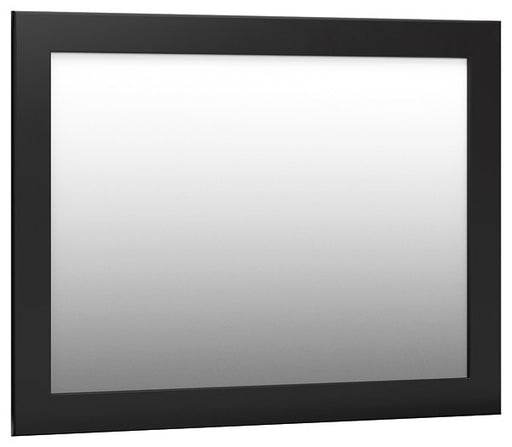 Ashley Furniture Maribel Bedroom Mirror showing a sleek, rectangular mirror with a wooden frame, angled on a neutral background.