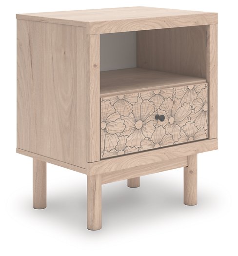 Ashley Furniture Arloster nightstand with a dark wood finish, featuring a single drawer and open shelf for bedside storage.