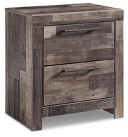 Ashley Furniture Derekson nightstand with a dark wood finish, featuring a drawer and open shelf for bedroom storage.