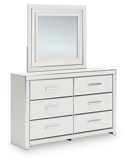Ashley Furniture Zuraleus dresser with attached mirror, featuring a sleek wood finish and modern design, shown from an angled side view.