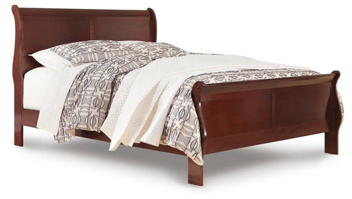 Ashley Furniture Alisdair Bed with dark wood finish and paneled headboard, showcasing a stylish and sturdy bedroom centerpiece.