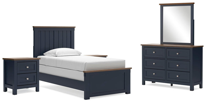 Ashley Furniture Landocken bedroom set with a bed, nightstands, and dresser in a modern bedroom arrangement.