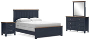 Ashley Furniture Landocken bedroom set includes a bed, nightstands, and dresser in a modern design, shown in a stylish bedroom setting.