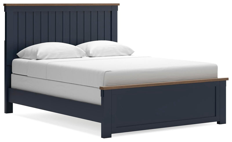 Ashley Furniture Landocken bedroom set with bed frame, nightstands, and dresser shown from an angled view in a modern bedroom scene.