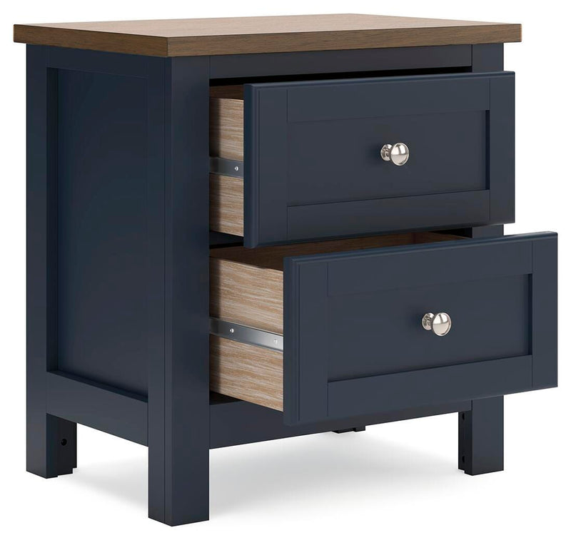 Ashley Furniture Landocken bedroom set with bed frame, nightstands, and dresser, shown in an angled open view.
