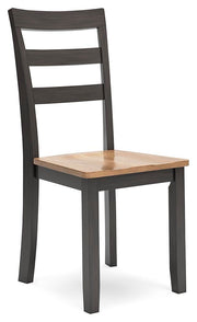 Ashley Furniture Gesthaven dining room set with a rectangular table and six upholstered chairs, shown from an angled side view.