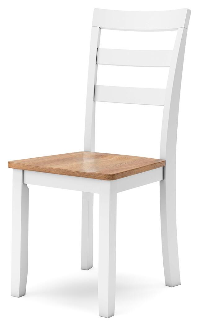 Ashley Furniture Gesthaven dining room set with a wooden table and six upholstered chairs, shown from an angled perspective.