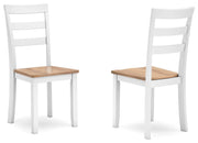 Ashley Furniture Gesthaven dining room set with a wooden table and six matching chairs, shown from an angled side view.