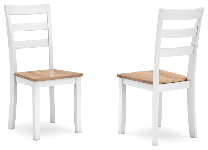 Ashley Furniture Gesthaven dining room set with a wooden table and six matching chairs, shown from an angled side view.