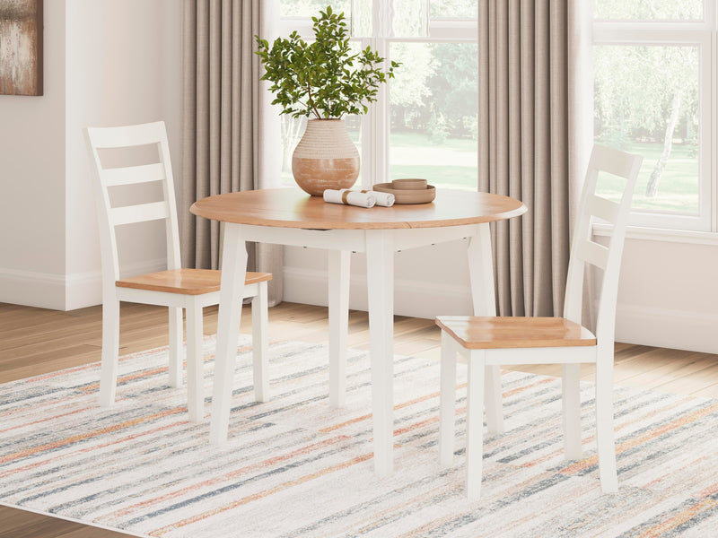 Ashley Furniture Gesthaven dining room set with a wooden table and upholstered chairs, ideal for elegant dining spaces.