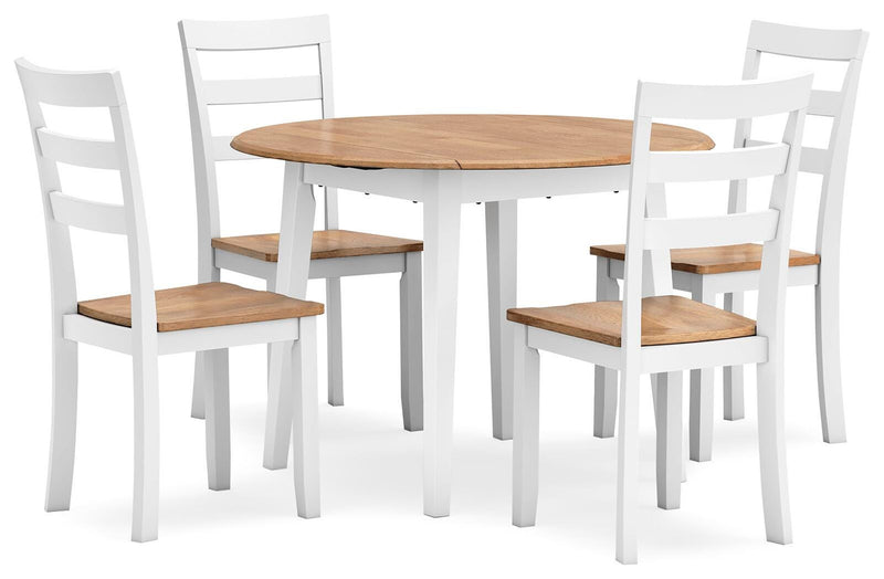 Ashley Furniture Gesthaven dining room set with a wooden table and matching chairs, shown from an angled side view.
