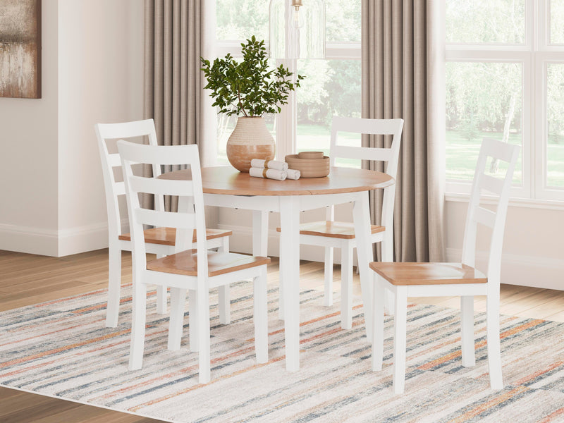 Ashley Furniture Gesthaven dining room set with wooden table and six upholstered chairs in a modern design.