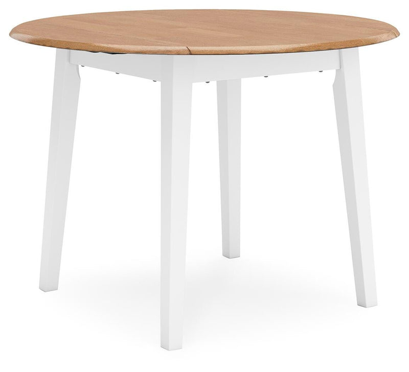 Ashley Furniture Gesthaven dining set with a table and chairs, stylish wooden dining room furniture, angled view.