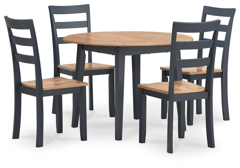 Ashley Furniture Gesthaven dining room set with a large wooden table and six matching upholstered chairs, shown from an angle.