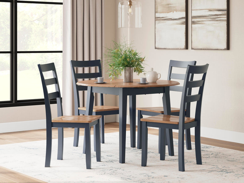 Ashley Furniture Gesthaven dining room set with a wooden table and six upholstered chairs, ideal for elegant family dining.