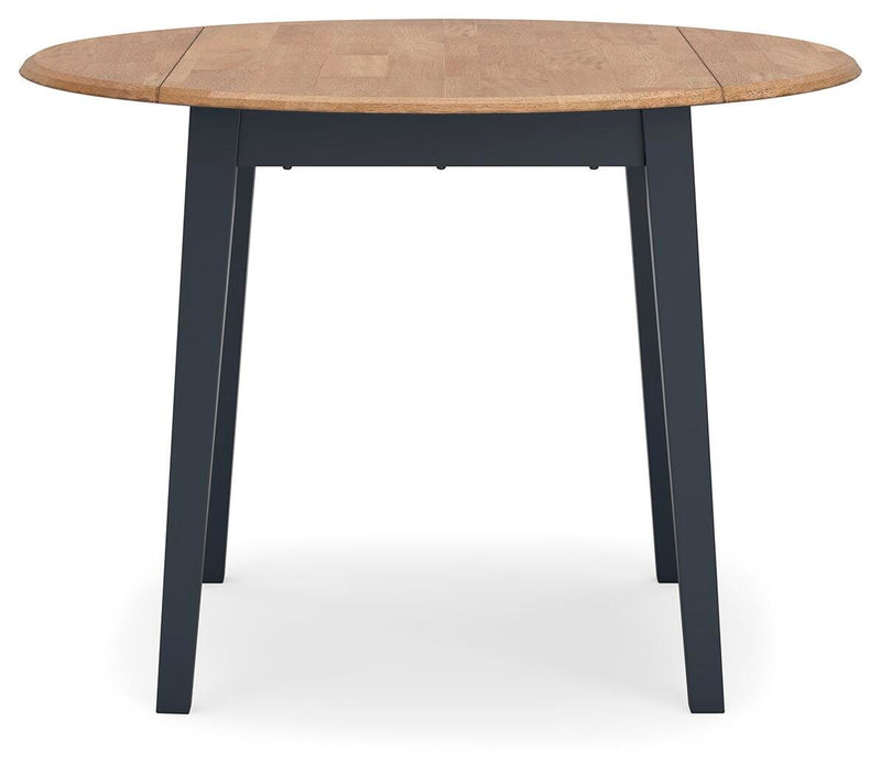 Ashley Furniture Gesthaven dining room set with a wooden table and six upholstered chairs, shown from a head-on angle.