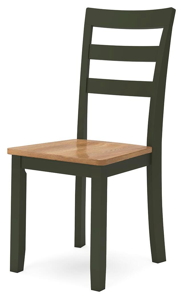 Ashley Furniture Gesthaven dining room set with a wooden table and six matching chairs, shown from an angled perspective.
