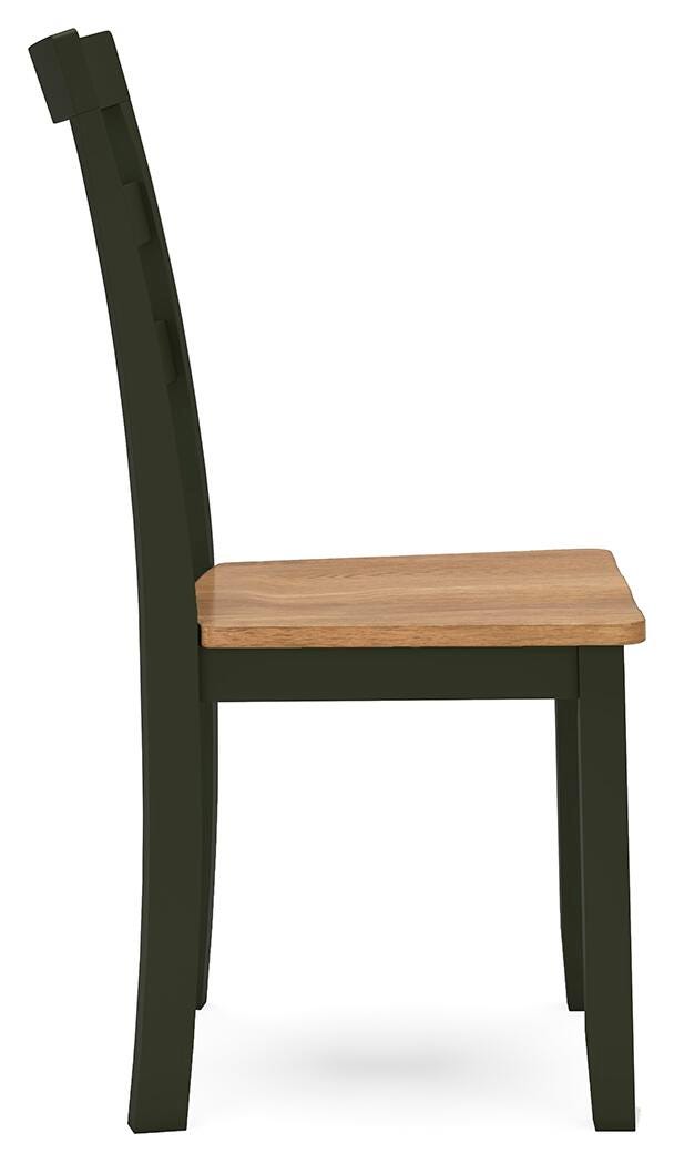 Ashley Furniture Gesthaven dining room set with a wooden table and matching chairs, shown from a side angle.