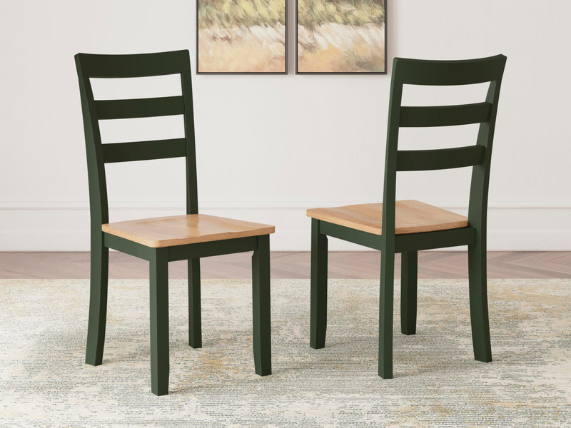 Ashley Furniture Gesthaven dining room set with a wooden table and six upholstered chairs in a modern kitchen setting.