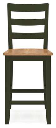 Ashley Furniture Gesthaven dining room set with a wooden table and six matching chairs, shown from a front head-on view.