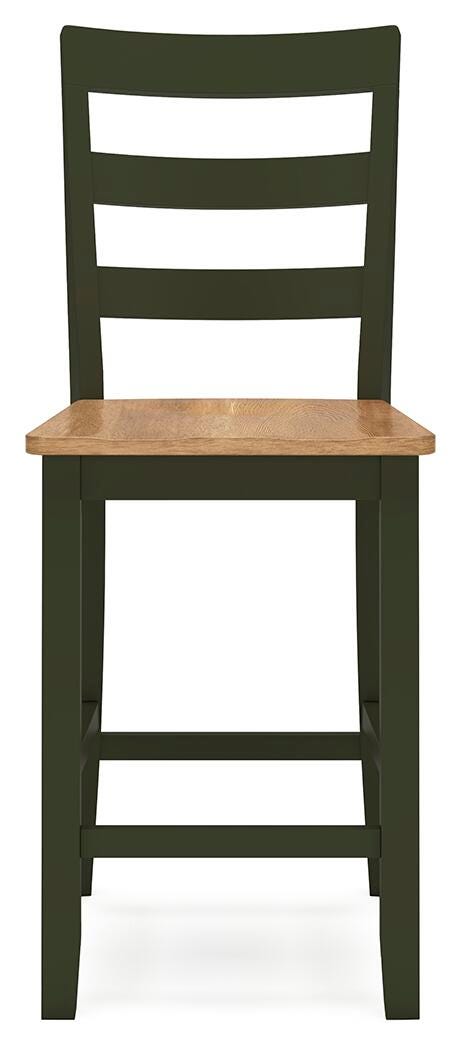 Ashley Furniture Gesthaven dining room set with a wooden table and six matching chairs, shown from a front head-on view.