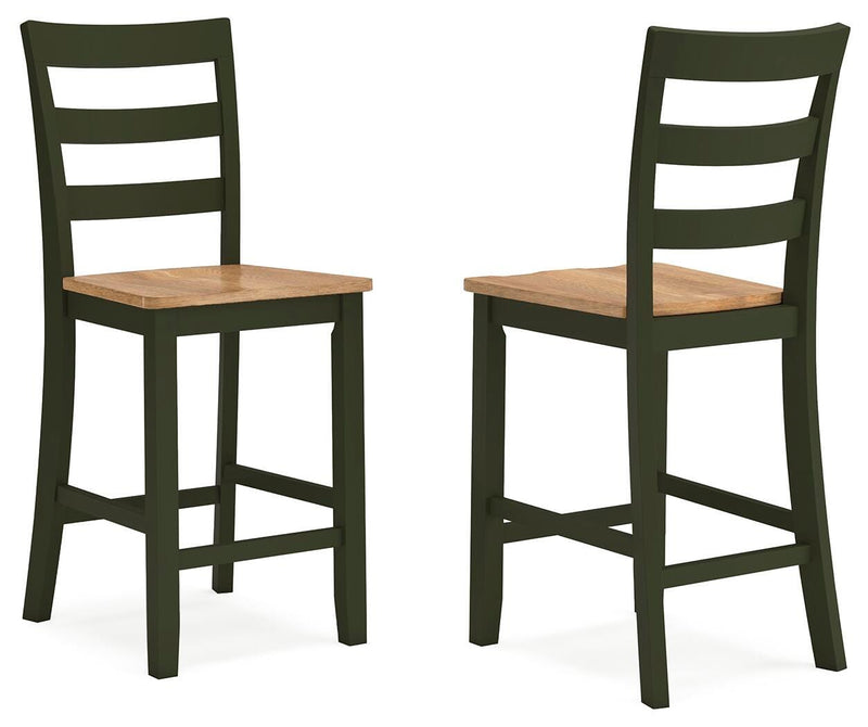Ashley Furniture Gesthaven dining room set with a wooden table and six upholstered chairs, shown from a side angle.