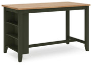 Ashley Furniture Gesthaven dining room set with a wooden table and six upholstered chairs, viewed from a side angle.