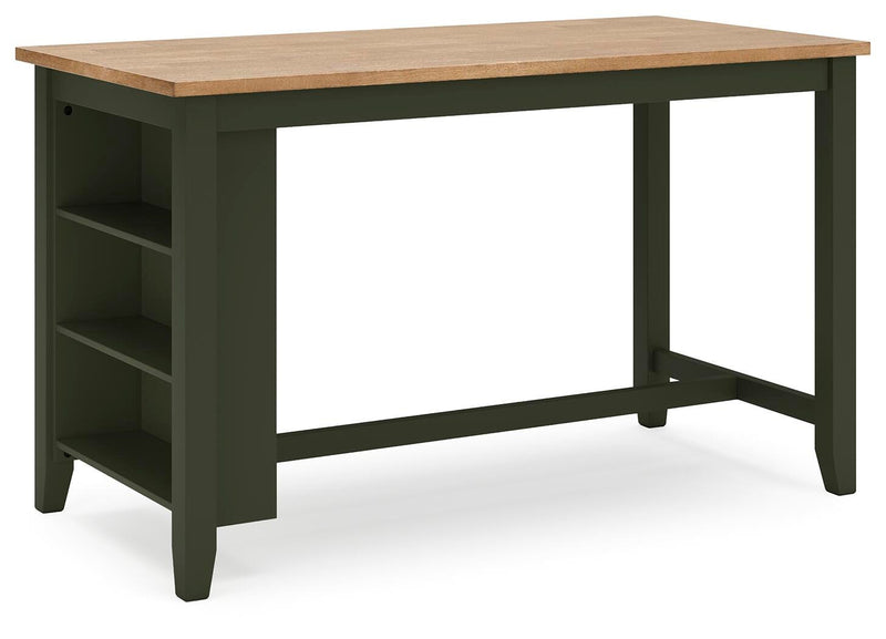 Ashley Furniture Gesthaven dining room set with a wooden table and six upholstered chairs, viewed from a side angle.
