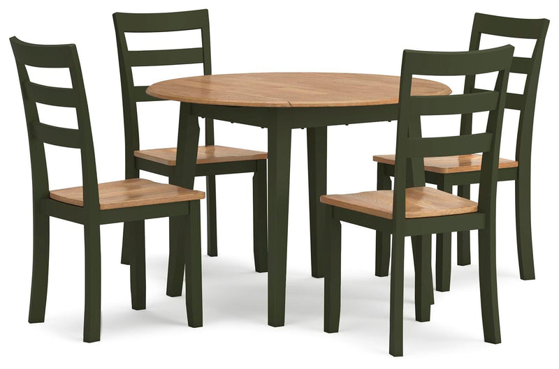 Ashley Furniture Gesthaven dining room set with a wooden table and matching chairs, shown from an angled side view.