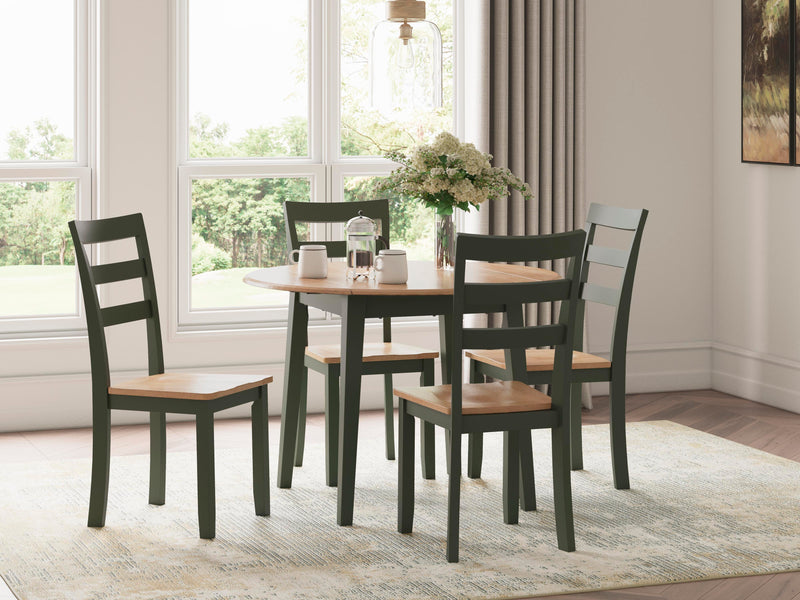 Ashley Furniture Gesthaven dining room set with wooden table and six matching chairs, elegant and traditional in design.