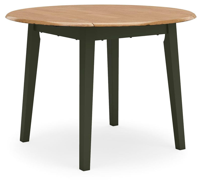 Ashley Furniture Gesthaven dining set with a wooden table and six matching chairs, shown from an angled view in a dining room setting.
